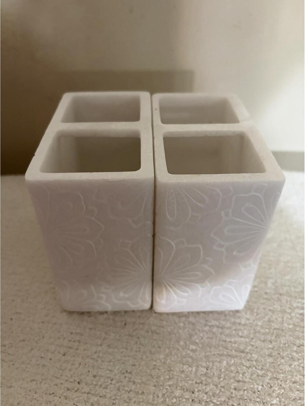 2 White Floral compartment toothbrush and toothpaste ceramic holder
